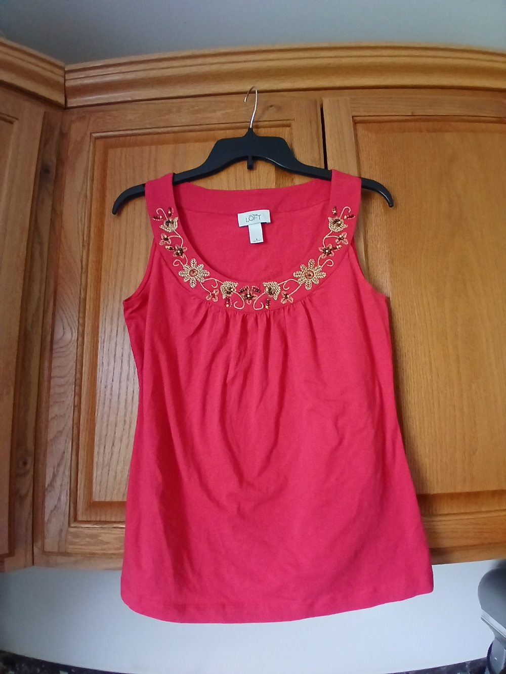 LOFT Coral-Pink Embroidered Scoop Neck Tank